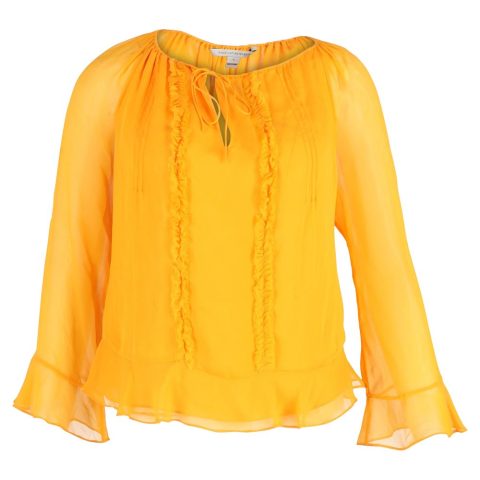 Diane Von Furstenberg Ruffled Sheer Sleeve Top in Yellow Silk