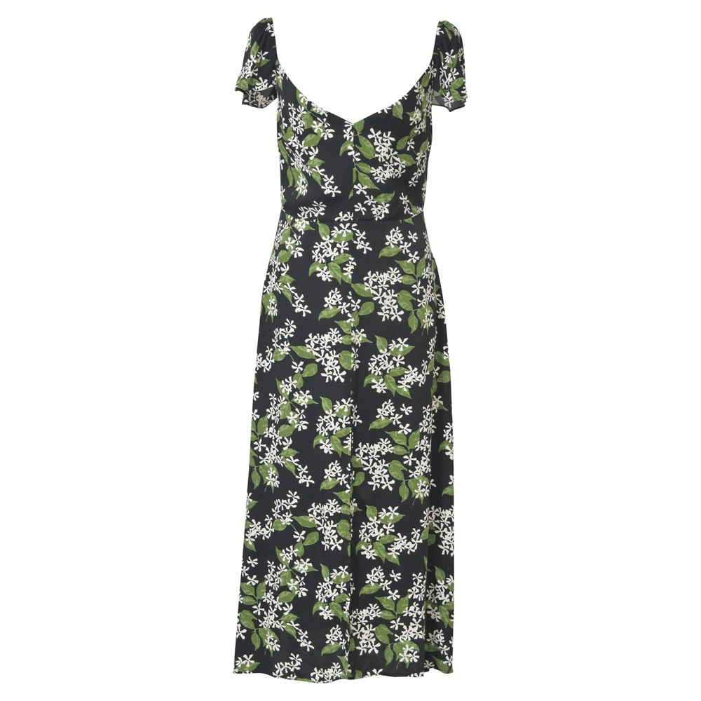 Reformation Baxley Floral Print Midi Dress in Black and Green Viscose 7773712089148