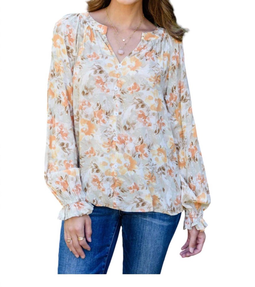 Courtney Floral Button Up Top In Beige