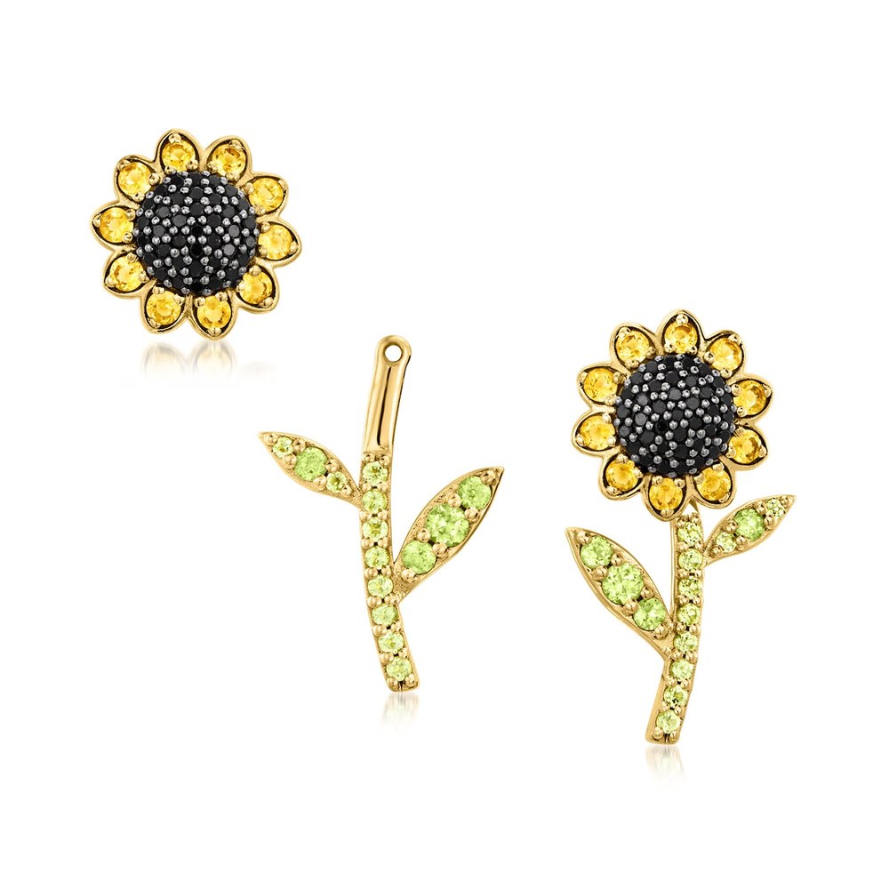 Ross-Simons Citrine, . Peridot and . Black Spinel Jewelry Set: Flower Earrings and Earring Jackets in 18kt Gold Over Sterling