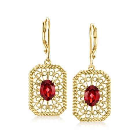 Ross-Simons Garnet Filigree Drop Earrings in 18kt Gold Over Sterling