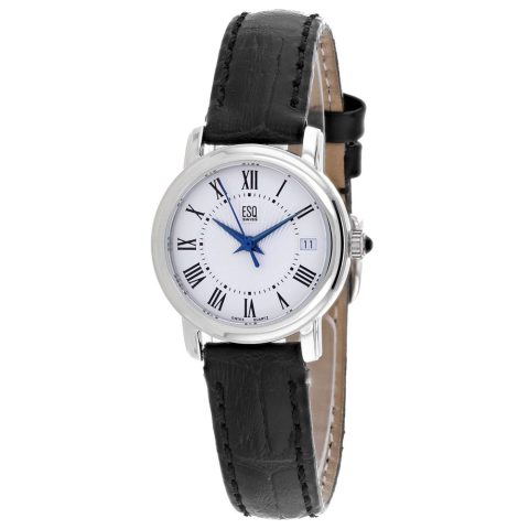 ESQ Women’s Black Leather Silver Stainless Steel Quartz White Dial Watch