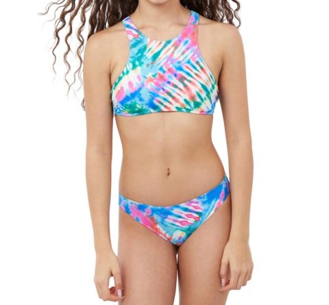 Girls Tie Dye High Neck Bikini Top With Matching Bikini Bottom In Purple Tie Dye 7733756723260