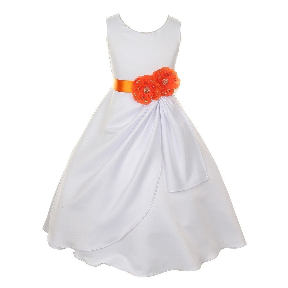 Big Girls White Orange Bridal Dull Satin Sequin Flowers Occasion Dress 8-14