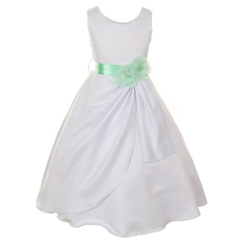 Big Girls White Mint Bridal Dull Satin Sequin Flowers Occasion Dress 8-14
