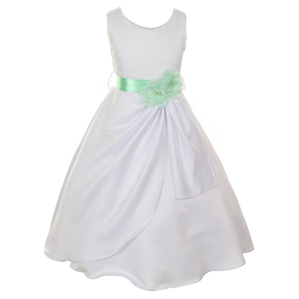 Big Girls White Mint Bridal Dull Satin Sequin Flowers Occasion Dress 8-14