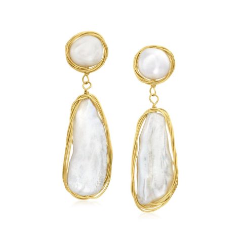 Ross-Simons 8-25mm Cultured Baroque Pearl Drop Earrings in 18kt Gold Over Sterling