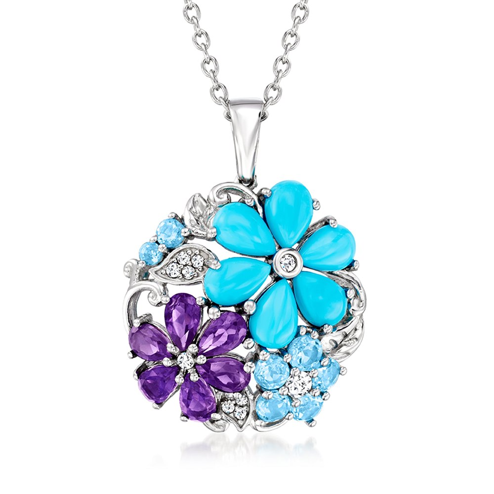 Ross-Simons Multi-Gemstone and Turquoise Flower Pendant Necklace in Sterling Silver