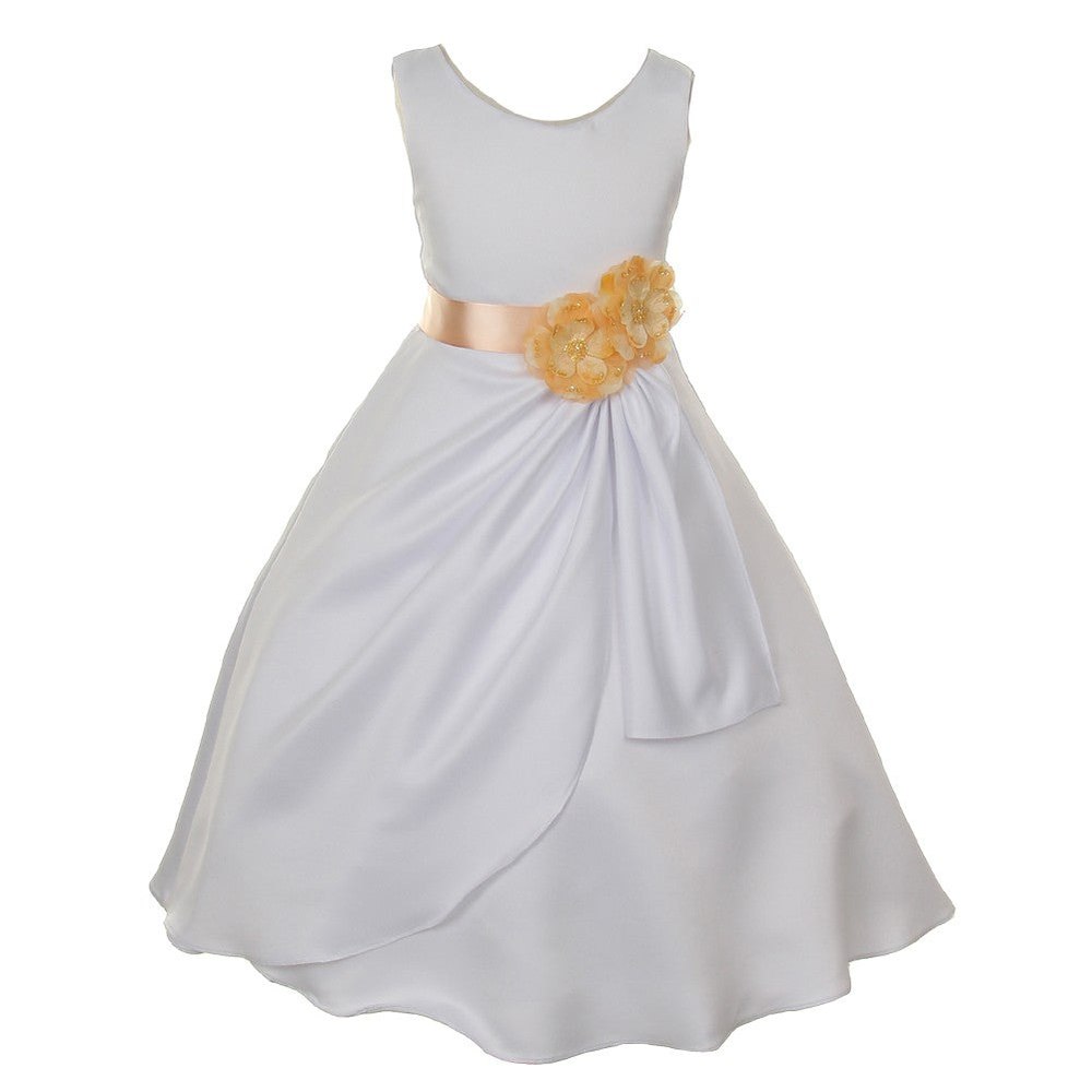 Big Girls White Peach Bridal Dull Satin Sequin Flowers Occasion Dress 8-14