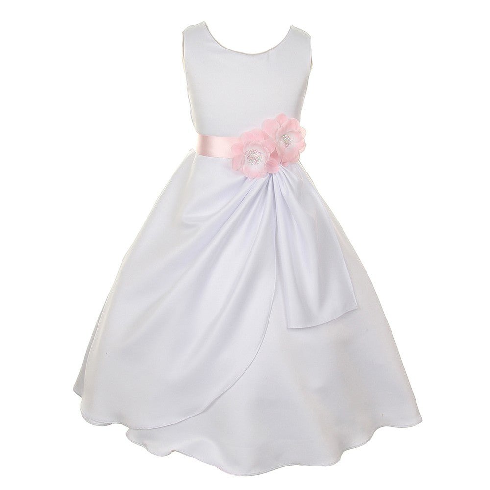 Big Girls White Pink Bridal Dull Satin Sequin Flowers Occasion Dress 8-14