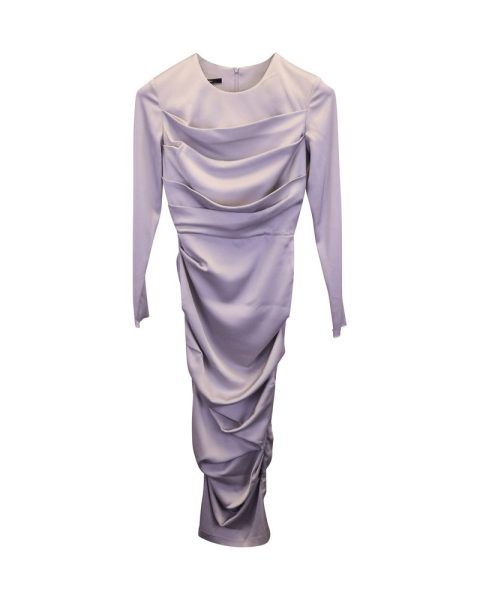 Alex Perry Calder Ruched Midi Dress in Grey Satin