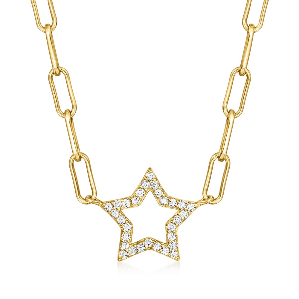 Ross-Simons CZ Star Paper Clip Link Necklace in 18kt Gold Over Sterling