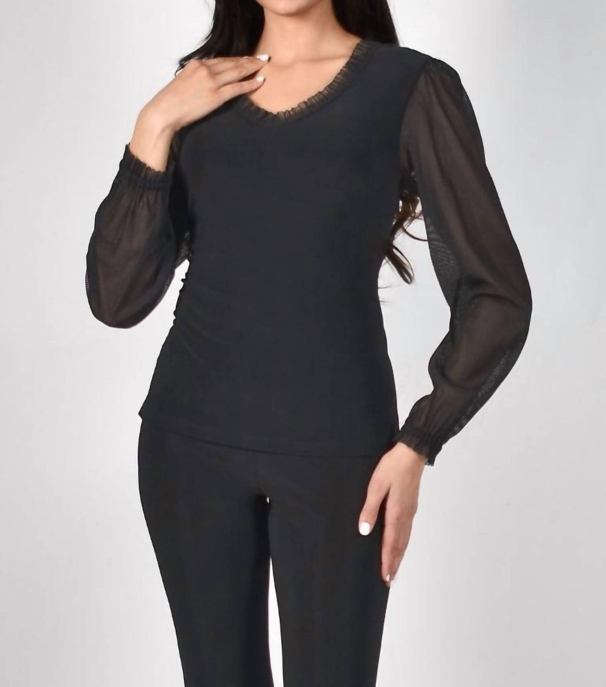 Sheer Sleeve Ruffle V Neck Top In Black