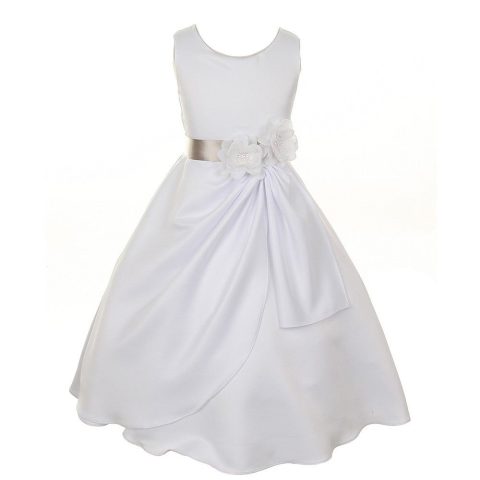 Big Girls White Silver Bridal Dull Satin Sequin Flowers Occasion Dress 8-14