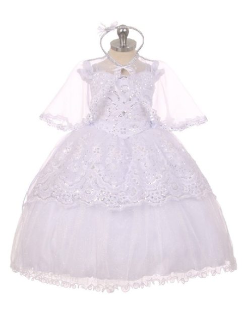 Rainkids Baby Girls White Organza Sequins Hi-Low Sheer Cape Baptism Dress 6-12M