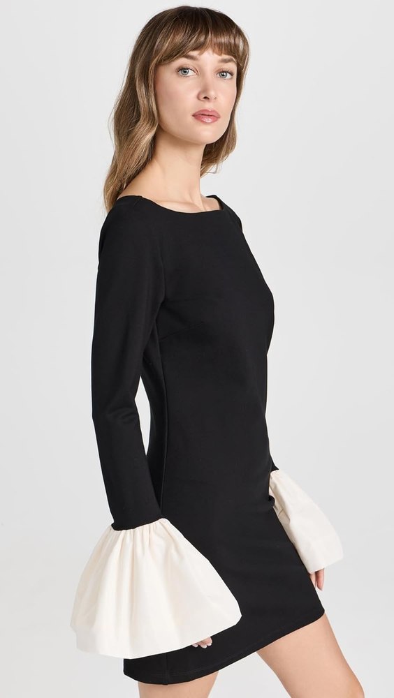 Staud Women’s Hawthorne Bell Sleeve Ivory Trim Mini Sheath Dress Black