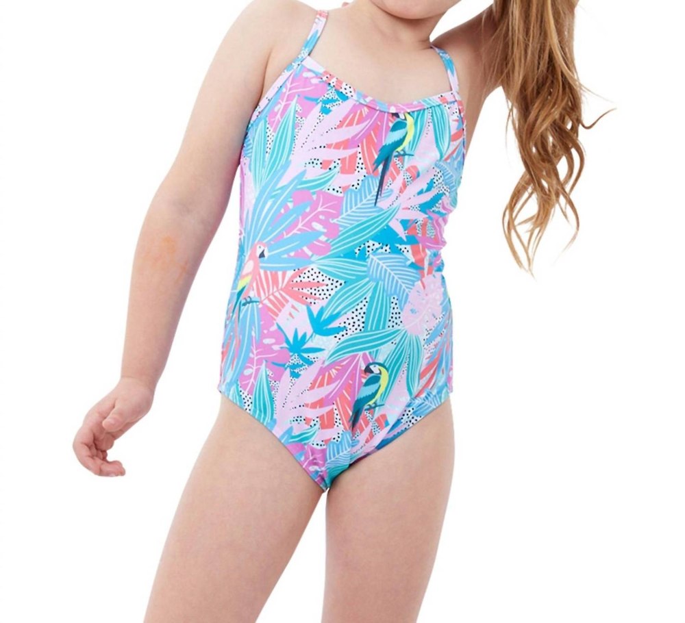 Kids Girls Round Neck One Piece Swimsuit In Gtk Neon Palms 7733806923836