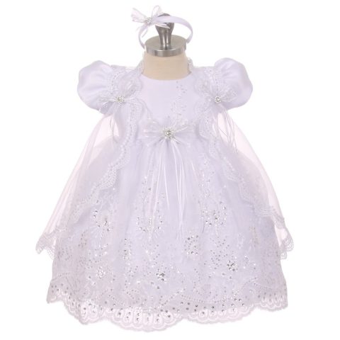 Rainkids Baby Girls White Sequins Embroidered Lace Cape Baptism Dress 0-24M
