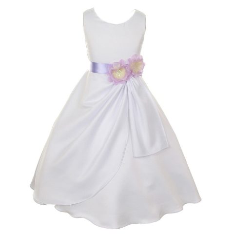 Big Girls White Lilac Bridal Dull Satin Sequin Flowers Occasion Dress 8-14