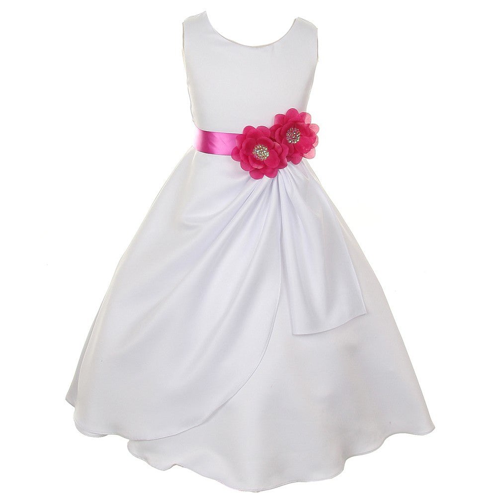 Big Girls White Magenta Bridal Dull Satin Sequin Flowers Occasion Dress 8-14