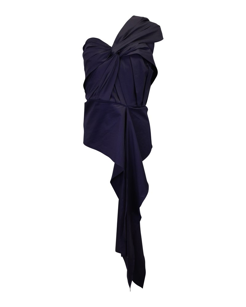 Johanna Ortiz The Art Of Dancing One-Shoulder Knotted Top in Navy Blue Cotton