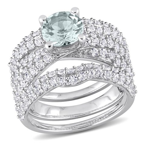Mimi & Max 3 3/4ct TGW Aquamarine Created White Sapphire Bridal Ring Set in Sterling Silver