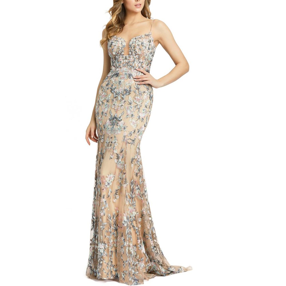 Embroidered Mesh Evening Dress