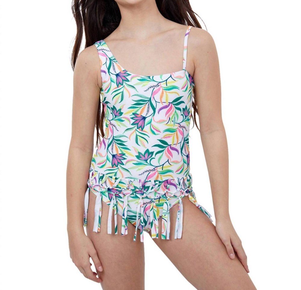 Kids Girls One Shoulder Fringe Skirted One Piece Swimsuit In Gtk Palms 7733828386876