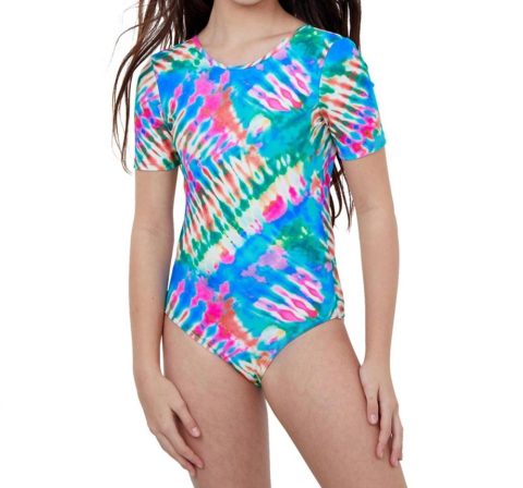 Girls Short Sleeve Tie Back One Piece Swimsuit In Tie Dye 7733828780092