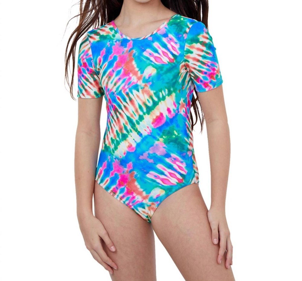 Girls Short Sleeve Tie Back One Piece Swimsuit In Tie Dye 7733828780092