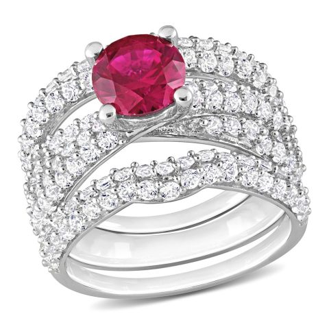 Mimi & Max 4 1/5ct TGW Created Ruby Created White Sapphire Bridal Ring Set in Sterling Silver