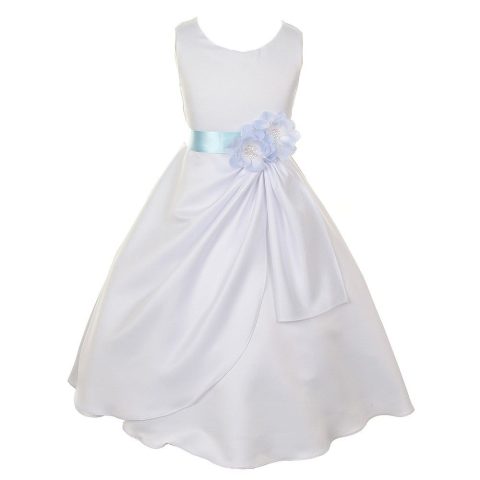 Little Girls White Blue Bridal Dull Satin Sequin Flowers Occasion Dress 2-6