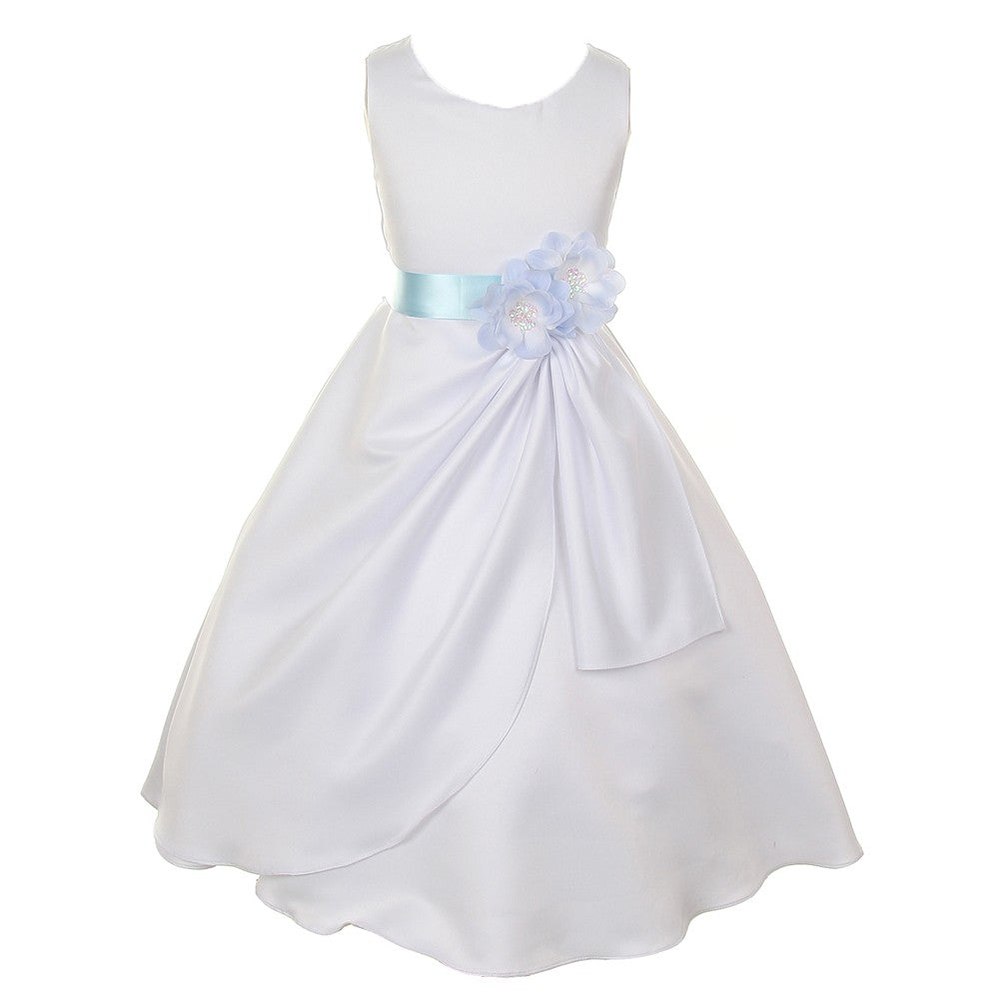 Little Girls White Blue Bridal Dull Satin Sequin Flowers Occasion Dress 2-6