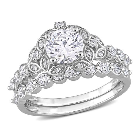 Mimi & Max 1 3/5ct DEW Created Moissanite Halo Bridal Ring Set in Sterling Silver