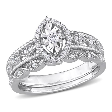 Mimi & Max 1/5ct TDW Diamond Oval Halo Bridal Ring Set in Sterling Silver