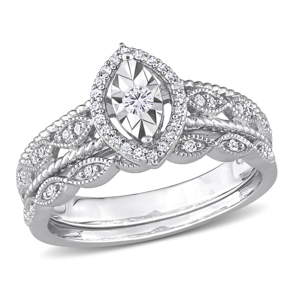 Mimi & Max 1/5ct TDW Diamond Oval Halo Bridal Ring Set in Sterling Silver