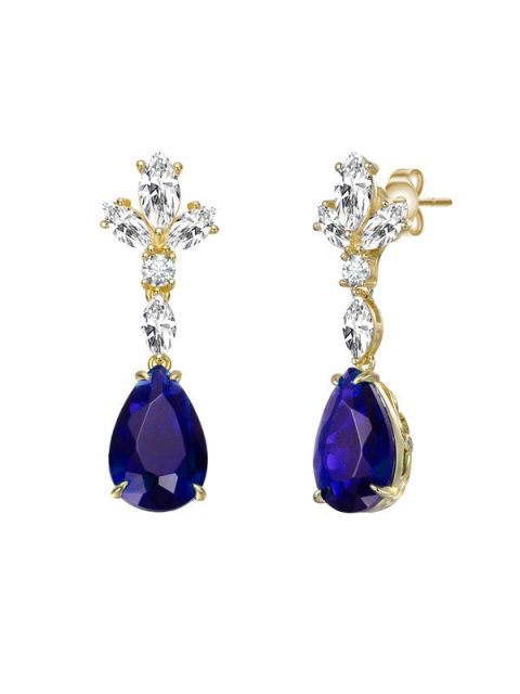 Sterling Silver 14k Gold Plated with Colored Cubic Zirconia Cluster Dangle Earrings