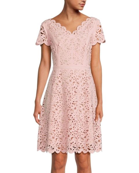 FOCUS by Shani V-Neck A-Line Laser Cutting Dress 7785148219452
