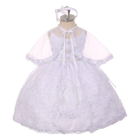 Little Girls White Rhinestone Virgin Mary Embroidery Baptism Dress 2-6