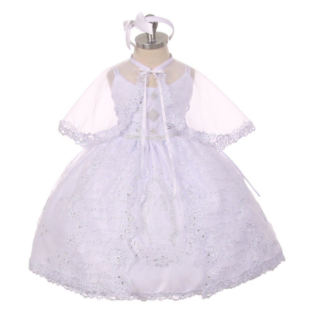 Little Girls White Rhinestone Virgin Mary Embroidery Baptism Dress 2-6