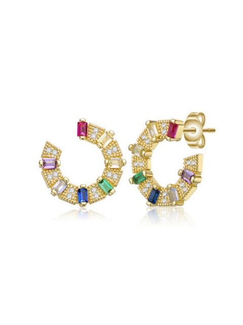 Sterling Silver 14k Gold Plated with Colored Cubic Zirconia Front-Facing C-Hoop Earrings