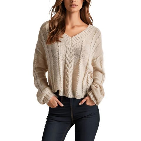 Knit Cable Knit V-Neck Sweater