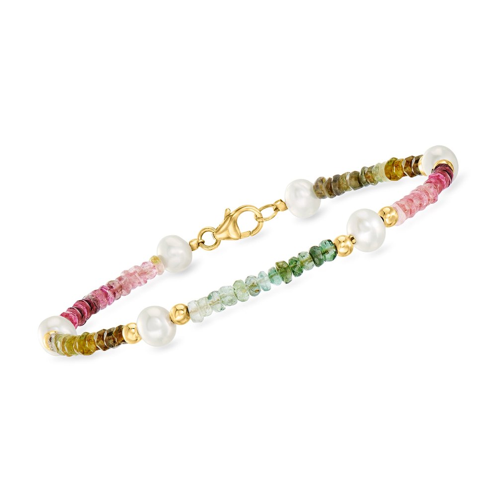 Ross-Simons 5-5.5mm Cultured Pearl and Multicolored Tourmaline Bead Bracelet With 14kt Yellow Gold 7748582637628
