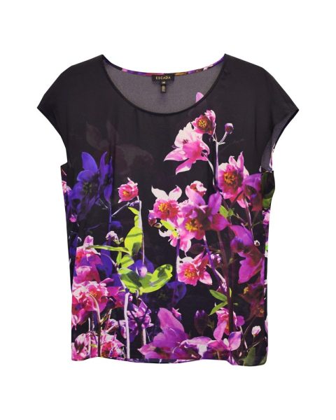 Escada Floral Cap Sleeve Top in Black Silk 7748633460796