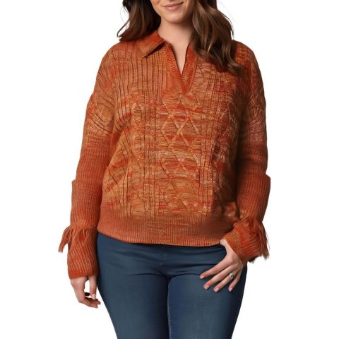 Plus Fringe Knit V-Neck Sweater
