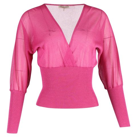 Emilio Pucci Long-sleeved V-neck Knitted Blouson Top in Pink Silk 7748630839356