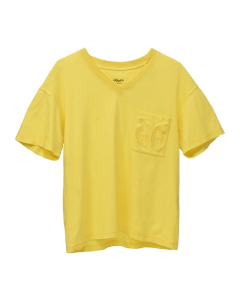 Hermes V-Neck Pocket T-Shirt in Yellow Cotton 7748632019004