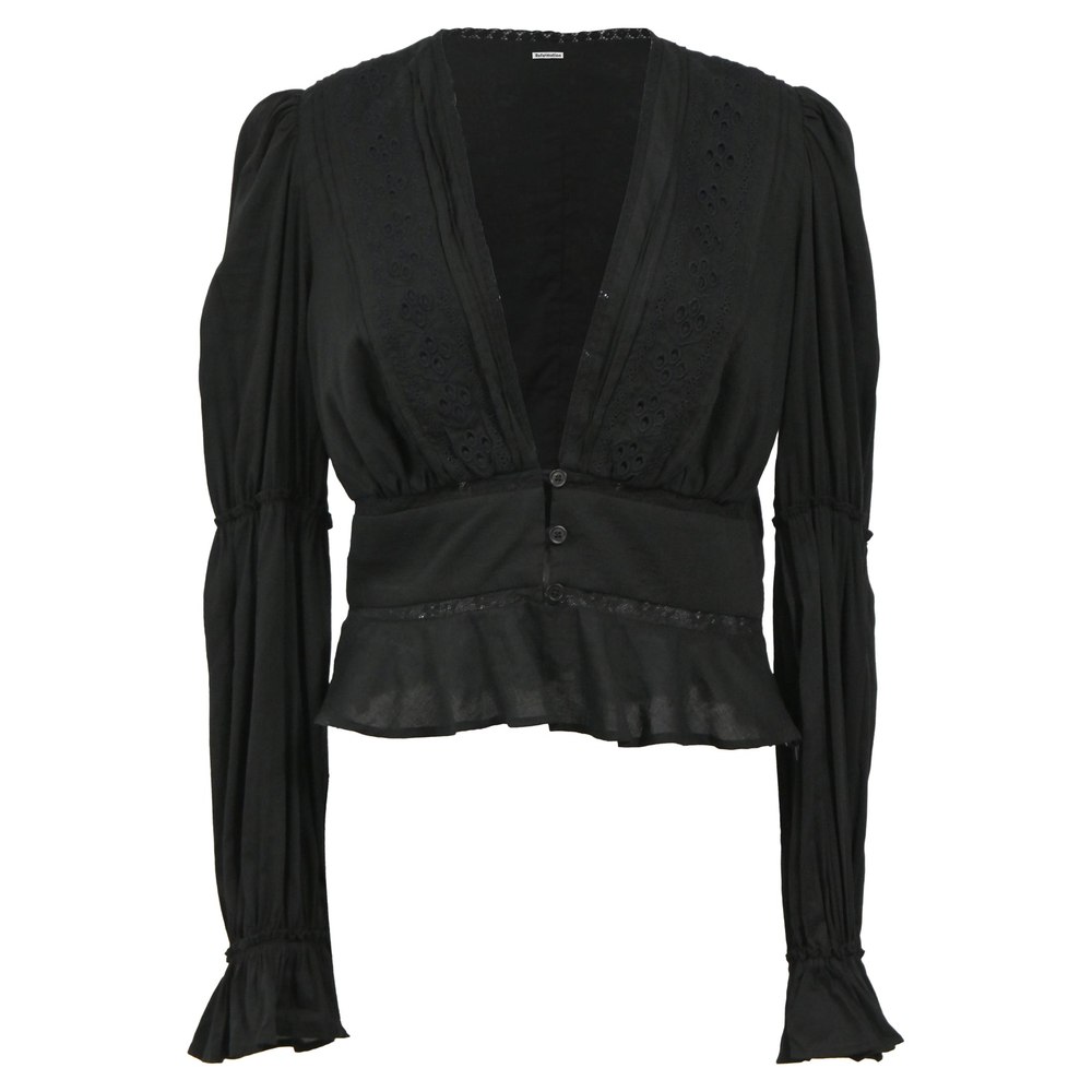 Reformation Plunge Neckline Long Sleeve Crop Top in Black Cotton