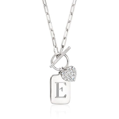 Ross-Simons Diamond Heart Personalized Tag Paper Clip Link Toggle Necklace in Sterling Silver