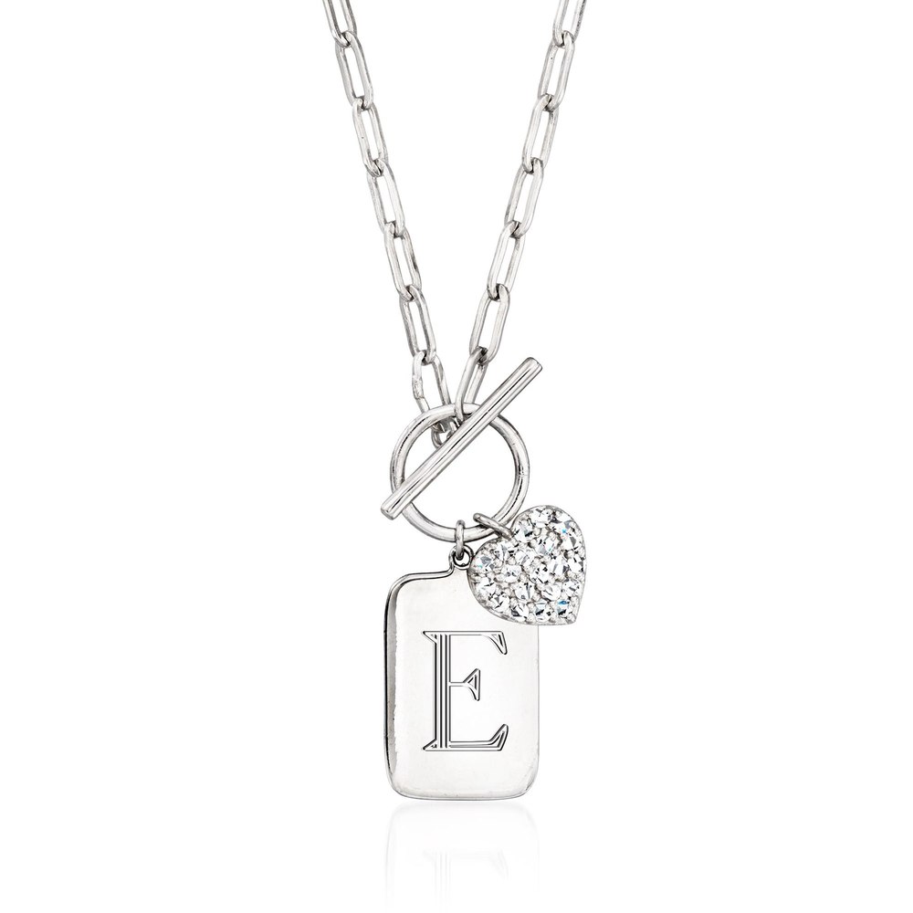Ross-Simons Diamond Heart Personalized Tag Paper Clip Link Toggle Necklace in Sterling Silver